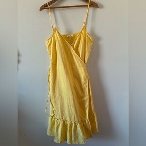 GAP Butter Yellow Pastel Linen Blend Ruffle Hem Wrap Dress- Size M